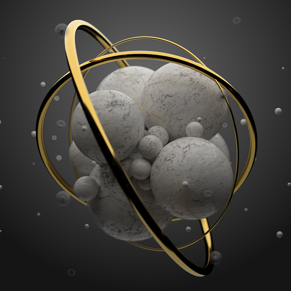 3d-render-abstract-elements-with-metal-circles-around-marble-metal-surfaces