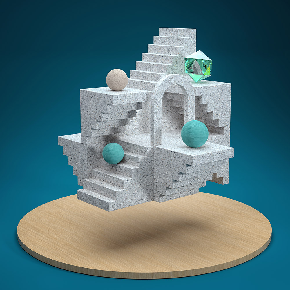 Abstract floating architectural structure with steps and marble
